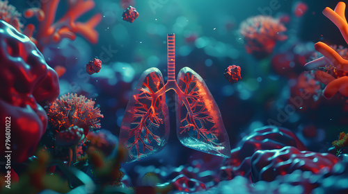 3D display of a vector design signifying the concept of publicizing for wellness products on a health-conscious background with a human lung in close examination #796801022