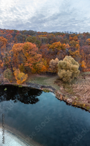 Aerial calm river shore scenic vertical panorama in vibrant autumn forest with cloudy sky in Ukraine countryside