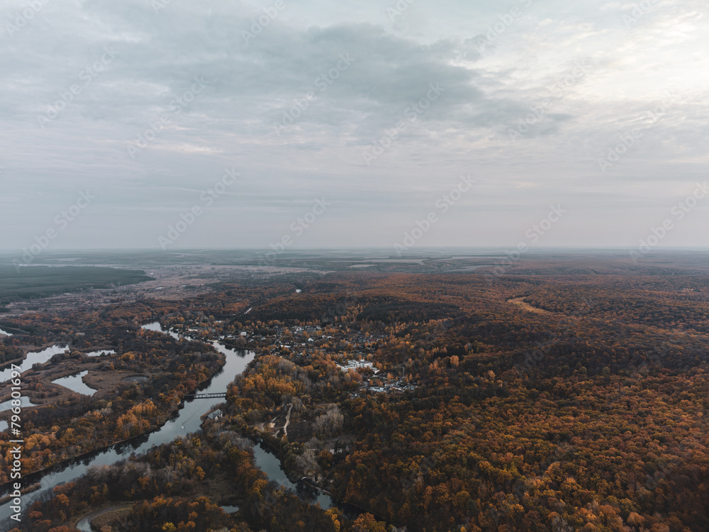 Autumn aerial village on Siverskyi Donets River valley in Ukraine