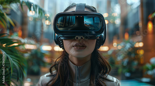 A woman wearing a virtual reality headset is looking at a screen. Concept of immersion and excitement, as the woman is fully engaged in the virtual world