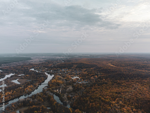 Autumn aerial village on Siverskyi Donets River valley in Ukraine