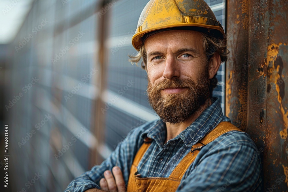 Confident construction worker in hardhat and overalls stands with his arms crossed by a metal backdrop Confident construction worker in hardhat and overalls stands with his arms crossed by a metal backdrop