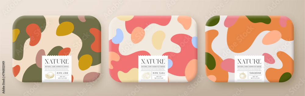 Obraz premium Fruit Bath Cosmetics Package Boxes Set. Vector Wrapped Paper Containers with Care Label Design Modern Typography and Hand Drawn Lime, Yuzu, Tangerine. Abstract Camo Background Pattern Layout. Isolated
