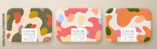 Fruit Bath Cosmetics Package Boxes Set. Vector Wrapped Paper Containers with Care Label Design Modern Typography and Hand Drawn Lime, Yuzu, Tangerine. Abstract Camo Background Pattern Layout. Isolated (ID: 796802049)