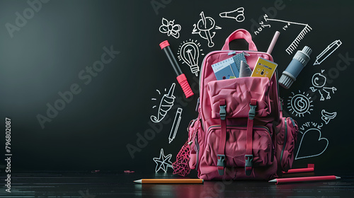 3D illustration of a pink rucksack with scholastic items on a black scene. back to school or learning theme concept with room for text photo