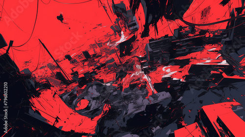 Horrorful and chaotic line paintings, in a dilapidated city park with a convenience store on the roadside, dark sky, black and red, black, abstract photo
