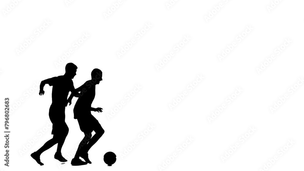 Soccer player silhouette isolated on white background with alpha channel. Male professional football players playing with ball, tapping and running, twisting in place. Soccer player silhouette isolated on white background with alpha channel. Male professional football players playing with ball, tapping and running, twisting in place.
