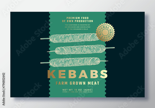 Farm Grown Kebab Food Vector Packaging Label Design Template. Modern Typography Banner, Hand Drawn Ham Meat Sketch Silhouette. Color Paper Background Layout with Gold Foil Isolated (ID: 796802642)