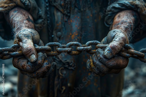 Weathered hands grip a solid metal chain, showcasing strength and hard work