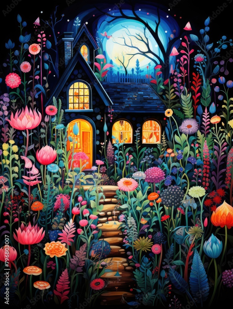 Obraz premium a magical garden scene, with whimsical creatures and fantastical plants, AI Generative