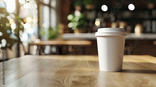 Coffee cup on wooden cafe table photo