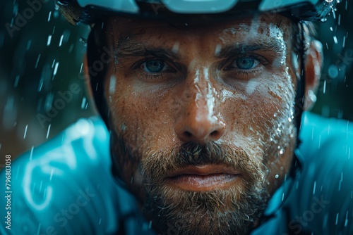 An intense look from a wet athlete in cycling gear during a downpour, capturing a determined spirit photo