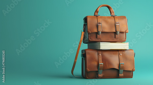 3D portrayal of a brown satchel with study materials on a teal background. concept for school resumption or education theme with space for text photo