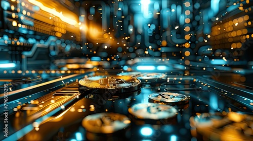 Virtual currency coins on futuristic background