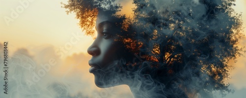 Double exposure of woman and forest silhouette