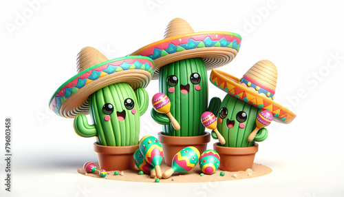 Colorful 3D Cartoon Chibi Cacti Fiesta: Playful Scene with Sombreros and Maracas in Isometric View