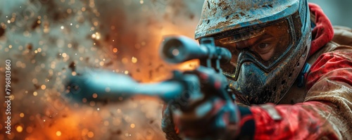 Paint-splattered soldier in heated battle