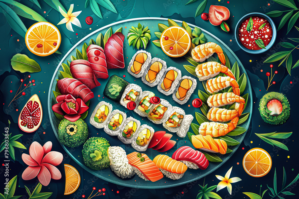 A plate of sushi and other food with a blue background. The plate is full of food and has a variety of different types of sushi A plate of sushi and other food with a blue background. The plate is full of food and has a variety of different types of sushi