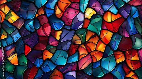 A colorful stained glass window with many different colored pieces. The window is full of different colors and shapes, creating a vibrant and lively atmosphere