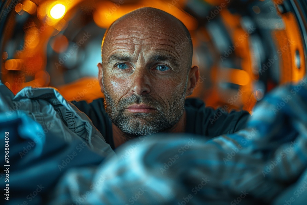 Intense close-up of a man's face with a striking stare, surrounded by a metallic blue-hued environment Intense close-up of a man's face with a striking stare, surrounded by a metallic blue-hued environment