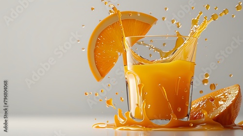 Tilted drinking glass with orange juice spilling out and a flying orange slice isolated on white background  Real studio photo