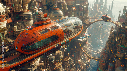 A futuristic city with a red space ship flying through it. The city is full of tall buildings and the space ship is the main focus of the image