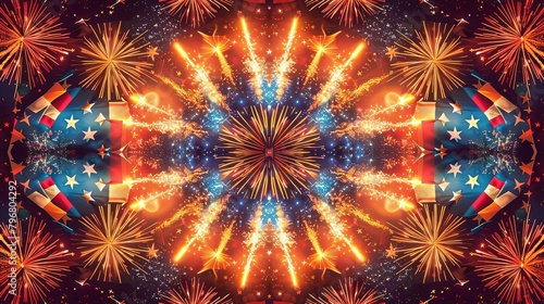 Fireworks and Flag as a Kaleidoscope Pattern  A symmetrical and colorful pattern with fireworks and flag elements