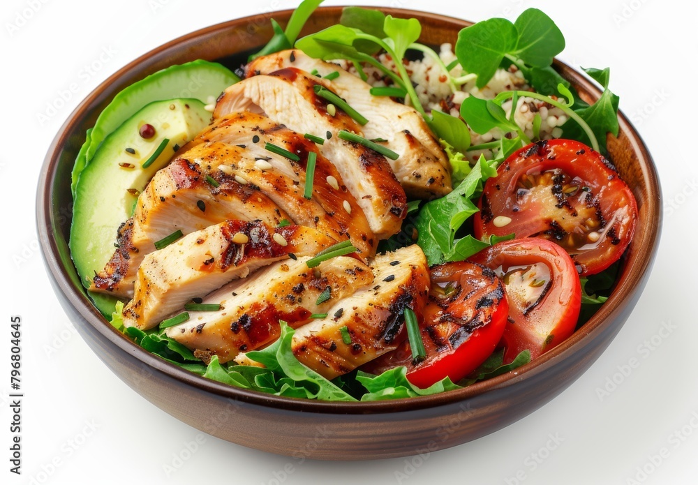 Healthy grilled chicken salad with tomato, avocado, lettuce, and spinach. Ketogenic Buddha bowl concept on white background. Top view banner