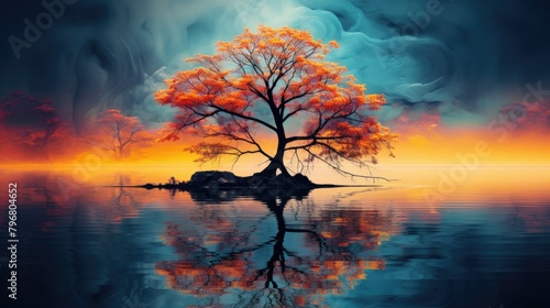 abstract fractal art of a tree overhanging a lake beautiful vibrant colors reflections, AI Generative