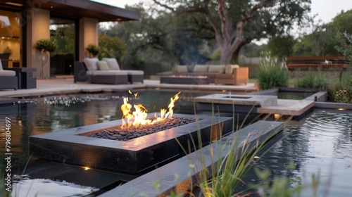 A contemporary outdoor lounge area featuring a fire table in the middle of a shallow pool creating a unique and eyecatching focal point. 2d flat cartoon.
