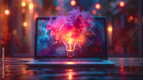 Colorful smoke, bulb and laptop- idea popping out of the laptop