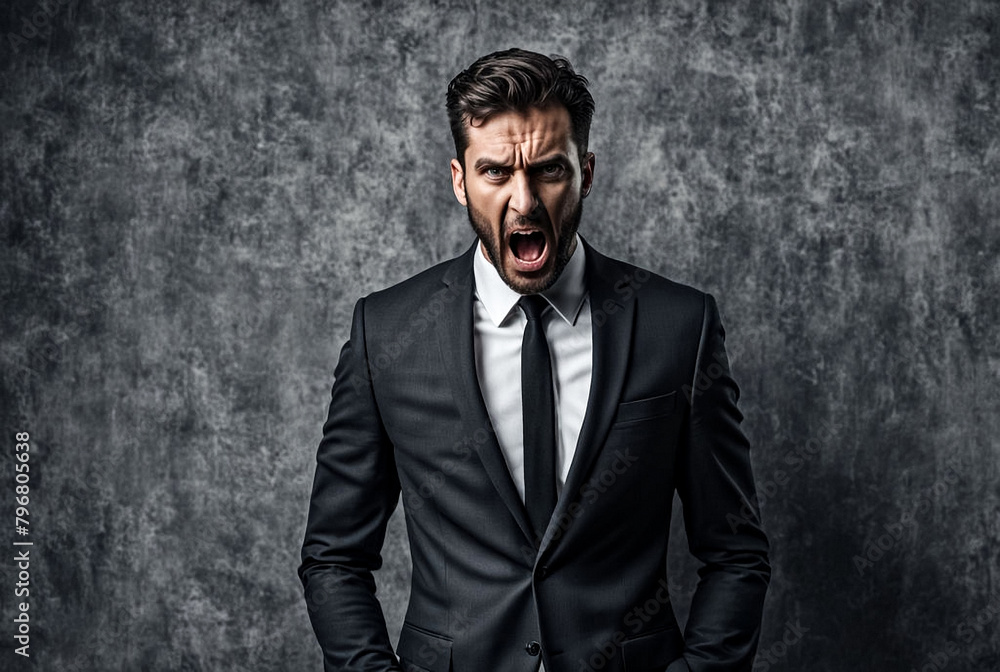 Depressed crazy man in suit depicts horror and fear on gray textured background. Gesture of person speaking speaks of fear and hysteria, it is unpleasant for him. Concept of human emotion. Copy space
