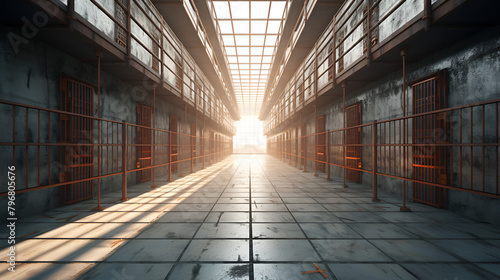 Prison cell with light shining through a barred wind Solitude on a lighted background
 photo