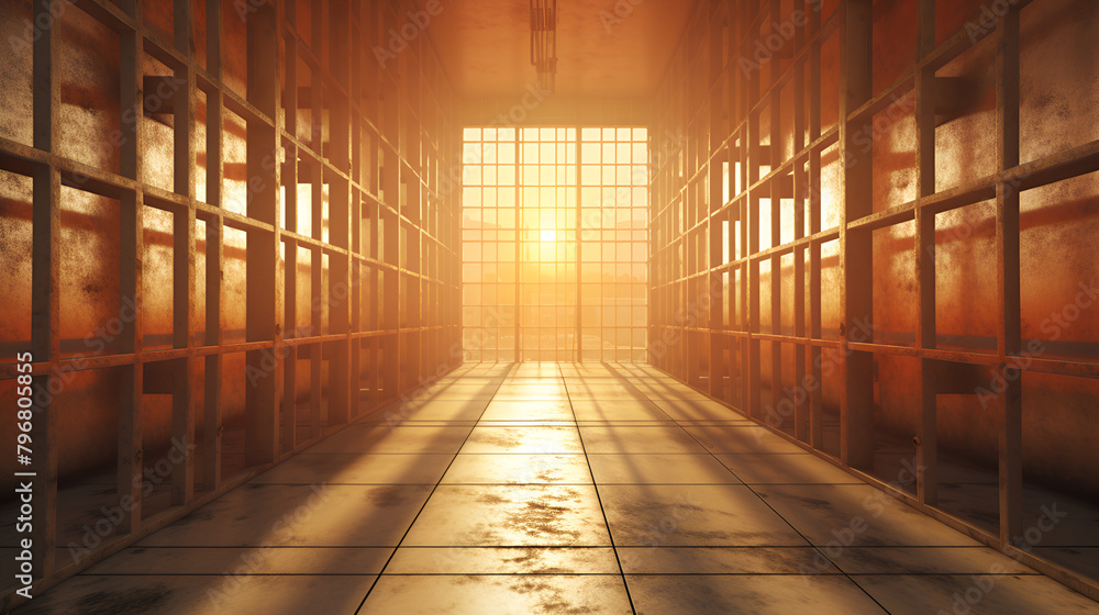 Prison cell with light shining through a barred wind Punishment Isolation on a lighted background
