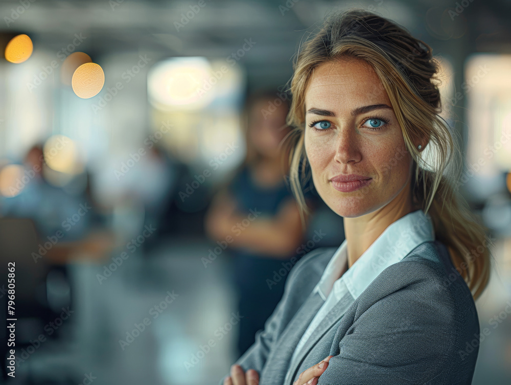 Obraz premium A woman with a business suit and a ponytail is standing in front of a wall. She is wearing a white shirt and a gray jacket