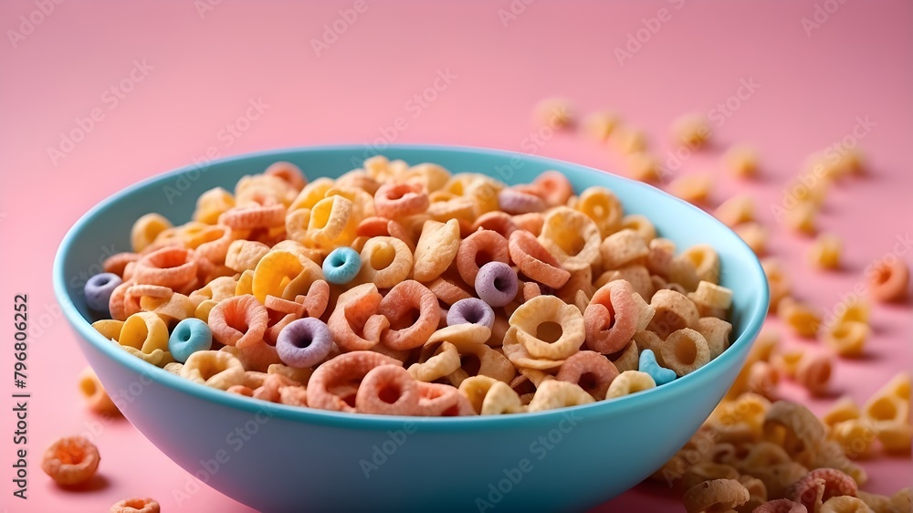 Food idea. Loops of cereal for breakfast with milk. Bright hues and a commercial aesthetic. background that includes copy space Food idea. Loops of cereal for breakfast with milk. Bright hues and a commercial aesthetic. background that includes copy space