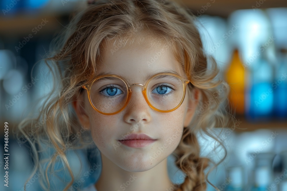 A serene young girl with big glasses and gentle curls stands calmly in front of scientific glassware A serene young girl with big glasses and gentle curls stands calmly in front of scientific glassware