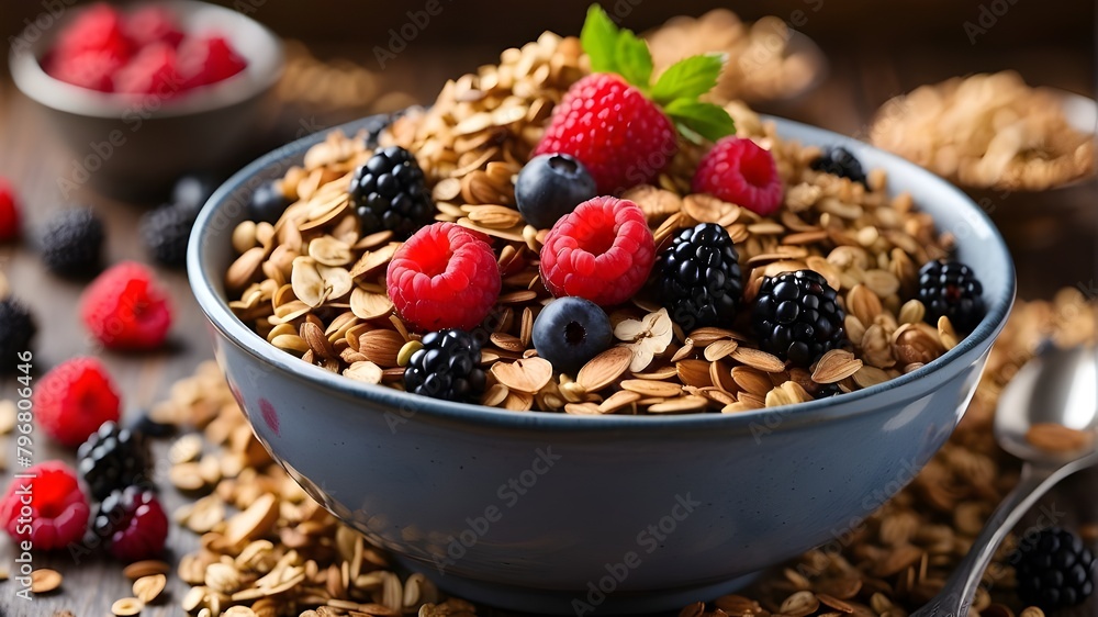 A nutritious meal that includes granola, muesli, whole grains, and a variety of fresh berries, including blackberries, blueberries, and raspberries. A nutritious meal that includes granola, muesli, whole grains, and a variety of fresh berries, including blackberries, blueberries, and raspberries.
