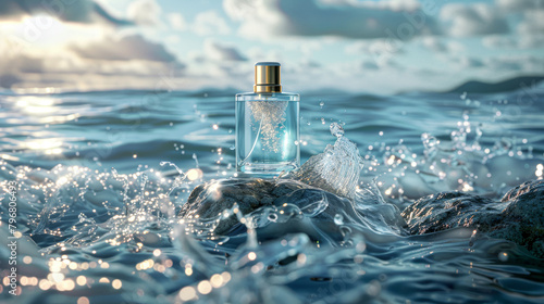 A bottle of perfume is floating on the surface of the water. The bottle is surrounded by water droplets, creating a sense of movement and fluidity. The image conveys a feeling of luxury and relaxation