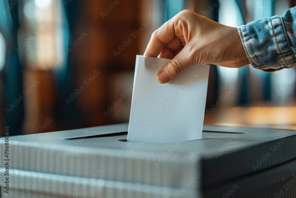 Casting vote: hand placing ballot at polling booth Casting vote: hand placing ballot at polling booth