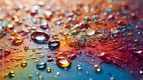 On a colored background, a dense mixture of hues splashes and forms droplets in the air. An example of a wallpaper.