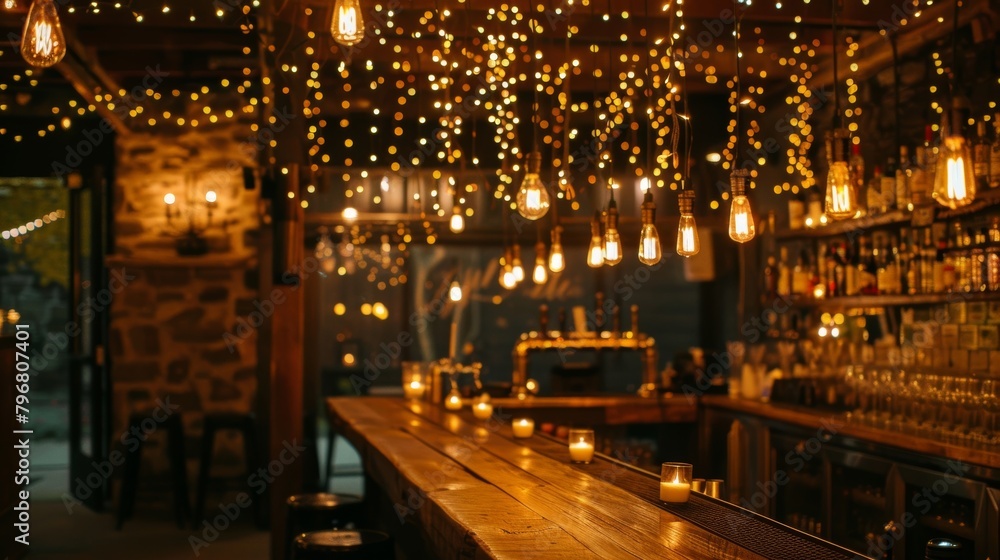 The exposed light bulbs hanging from the ceiling are dd with cascading strands of ling fairy lights adding a magical touch to the candlelit bar. 2d flat cartoon.
