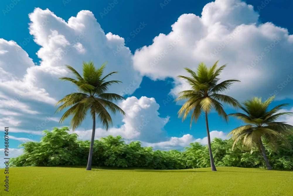 Background tropical nature landscape with two palm trees on amazing blue sky with clouds, fantastic wallpaper. Concept of summer vacation and business travel. Beauty in tropic climate. Copy text space