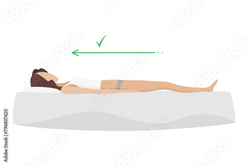 Correct sleeping body posture. Healthy sleeping position spine on orthopedic mattress and pillow. Caring for health of back, neck. Vector illustration