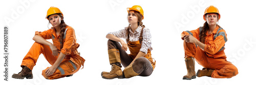 Set of beautiful woman worker on a construction isolated on a transparent background