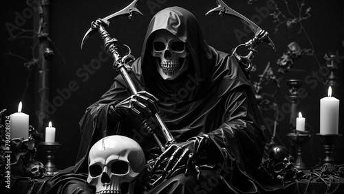 a large skeletal figure in a black robe with a hood, holding a scythe in one hand and reaching the other out towards two smaller figures in black robes. The background is dark and foggy with two cross photo