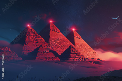 Towering scarlet and ochre pyramids glow. 3D Render.