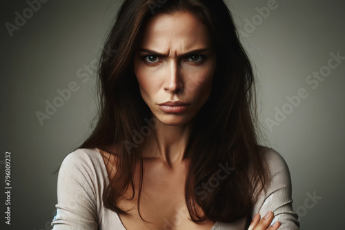 angry frowning woman with long hair, portrait on gray background