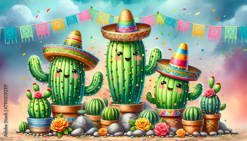 Cinco de Mayo Cacti Celebration: Cartoon Cacti with Festive Decorations on Watercolor Background
