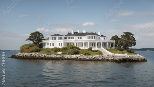 a white house on a small rocky island in the middle of the ocean. There is a dock jutting out from the island towards the viewer, and a small boat is docked next to it. The house is three stories tall